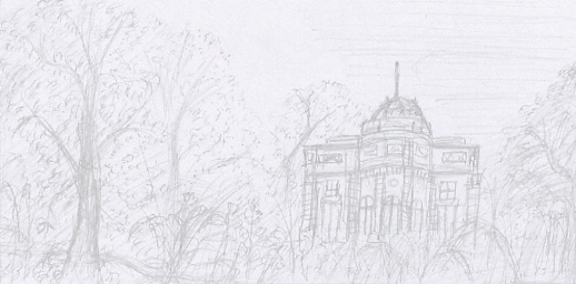 Composition dessin du château de Bagatelle au crayon. 