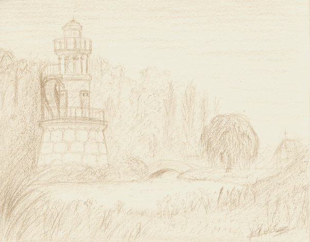 Composition dessin le lac et le phare de la reine. Marie Antoinette, hameau de la reine. Versailles. Crayon. Artiste Vectanim 2011