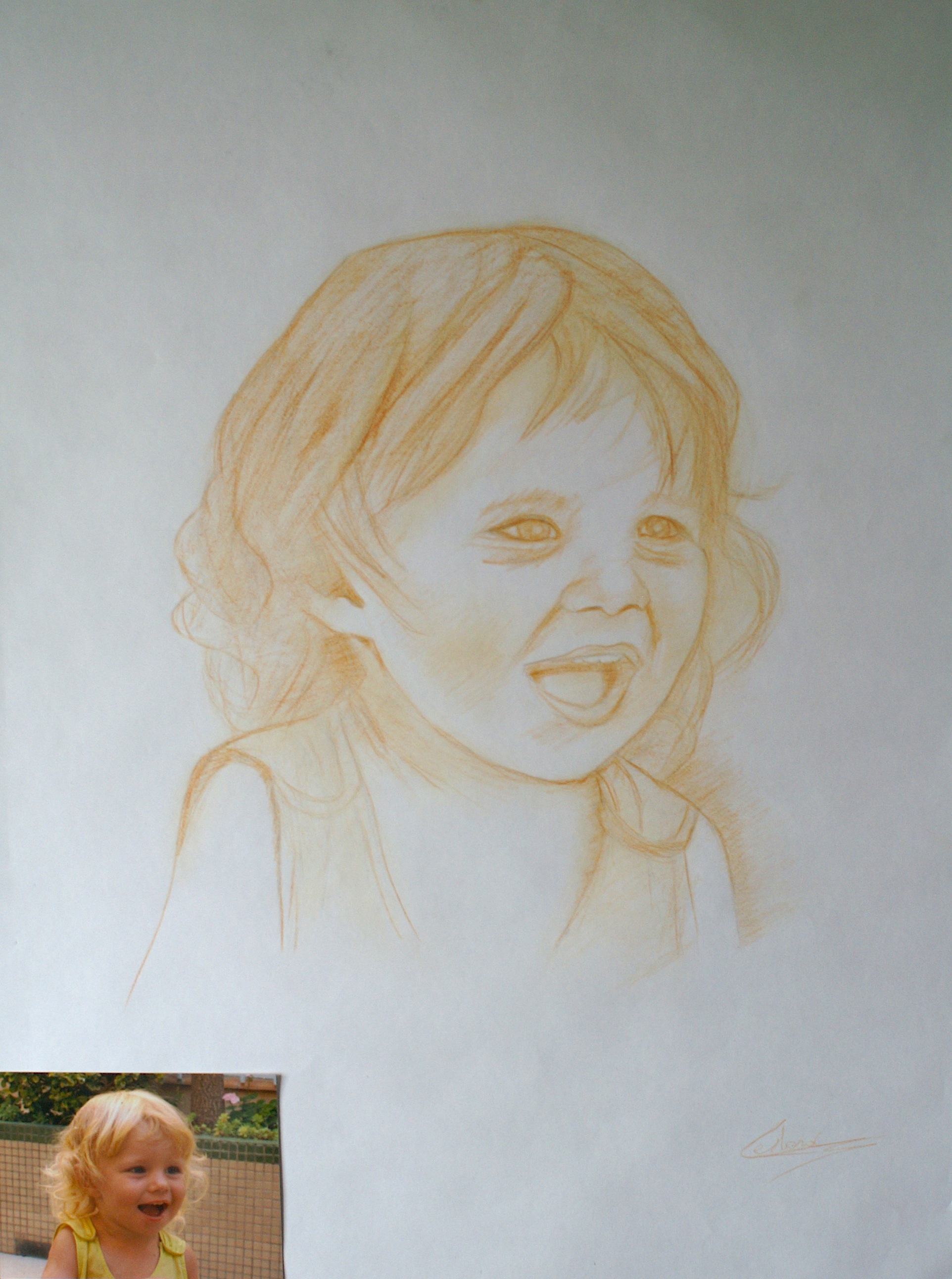 Lea portrait d'enfant à la sanguine format raisin 50 × 65 cm. Dessin du portraitiste dessinateur Fabien Lesbordes. Paris