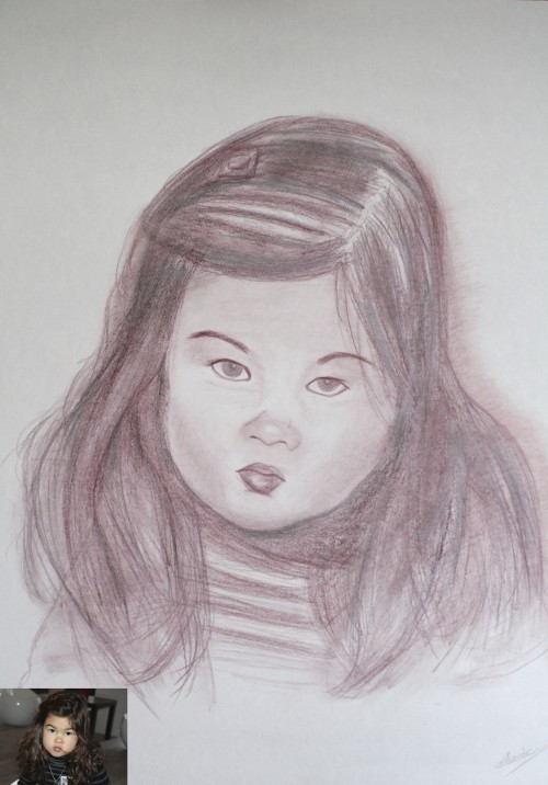 Lilou Portrait d'enfant sanguine et crayon commande 50 × 65 cm. Dessin du portraitiste dessinateur Fabien Lesbordes. Paris