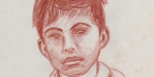 Dessin portrait à la sanguine d'un enfant pris à Solo java indonésie d'après photo A4 21x29.7 cm. Dessin du portraitiste dessinateur Fabien Lesbordes. Paris