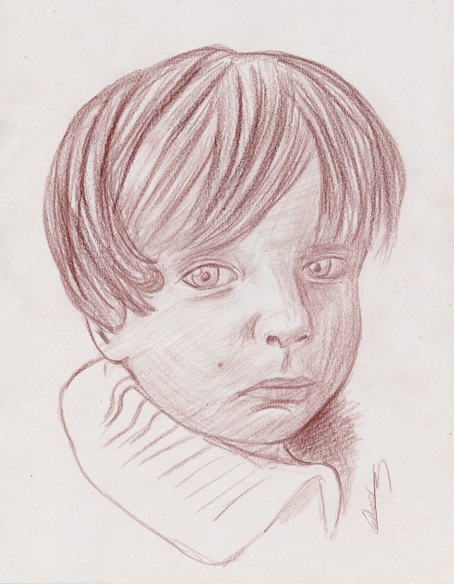 Portrait enfant sanguine Clément A4 papier recyclé. Dessin du portraitiste dessinateur Fabien Lesbordes. Paris