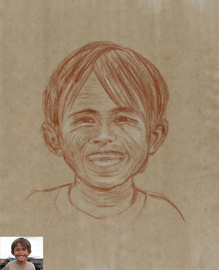 Portrait d'enfant Philippin à la sanguine A4 papier préparé d'après photo. Dessin du portraitiste dessinateur Fabien Lesbordes. Paris