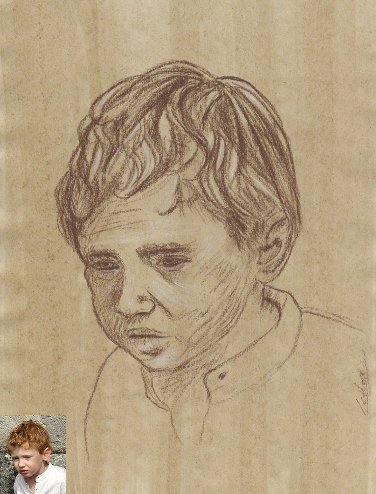 Portrait d'enfant réalisé d'après photo Justin sépia sur papier préparé A4. Dessin du portraitiste dessinateur Fabien Lesbordes. Paris