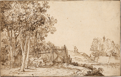 Dessin de paysage composition de Anthonie van Borssom, encre brune et lavis brun. Ecole de Rembrandt