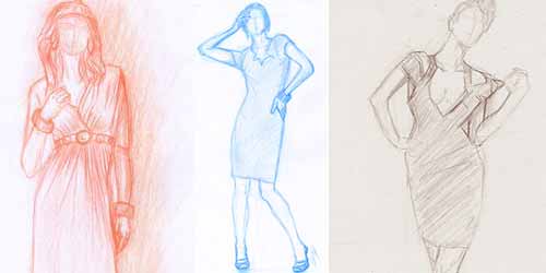 Croquis crayonné de mode stylisme dessiné au crayon de couleur Croquis crayonné de mode stylisme dessiné au crayon de couleur