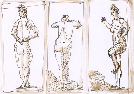 Triptyque dessin de 3 femmes debouts encre brune