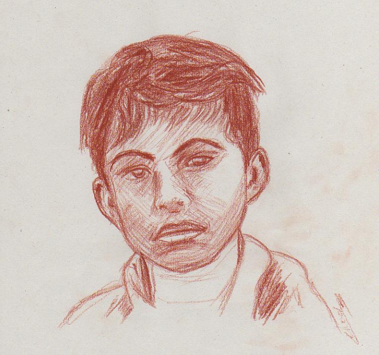 Dessin portrait à la sanguine d'un enfant pris à Solo java indonésie d'après photo A4 21x29.7 cm. Dessin du portraitiste dessinateur Fabien Lesbordes. Paris