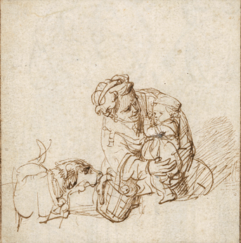 Dessin croquis à la plume, encre brune de Rembrandt Femme et enfant effrayé par un chien