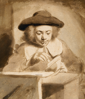 Dessin de Gerbrand van den Eeckhout - Ecole de Rembrandt, encre et lavis brun Jeune homme fumant