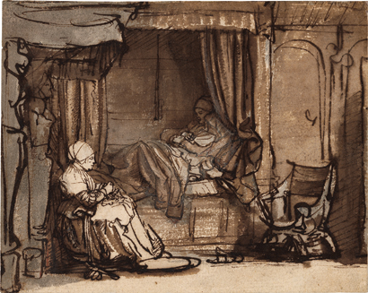 Dessin composition de Rembrandt, lavis et encre brune Interieur avec Saskia au lit