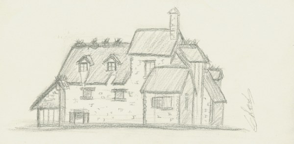 Dessin croquis d'une maison du XVIII siècle. Croquis trois, crayonné. 2011