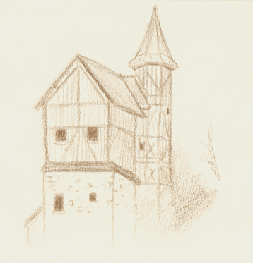 Maison du Moyen Age avec tour, dessin au crayon Chartres, département Eure et Loir dessinateur Vectanim 2011