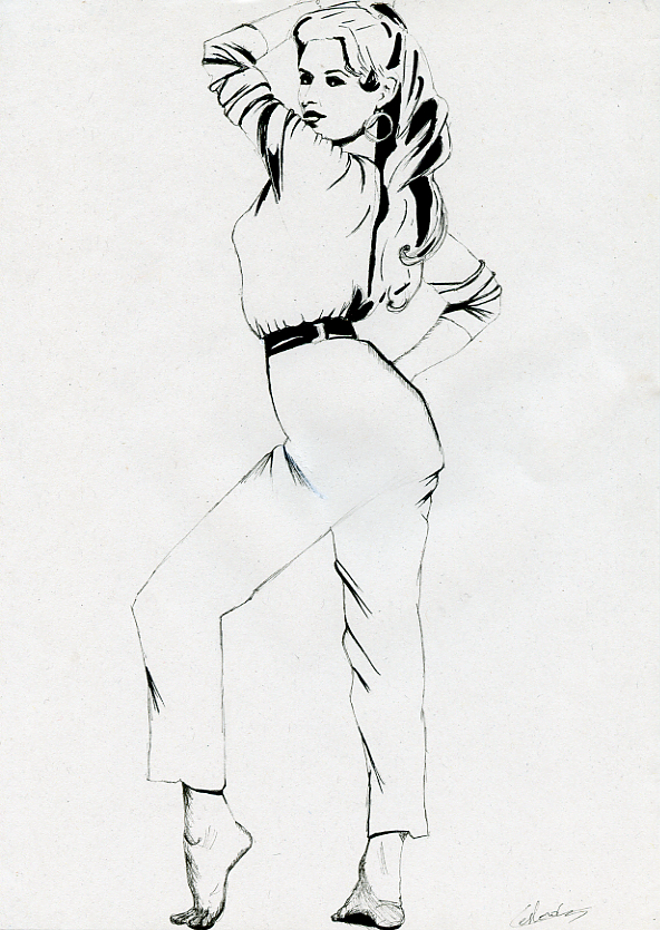Illustration série Pin up Brigitte Bardot de profil Illustration au feutre noir. Format A4 21 x 29,7 cm illustrateur © Fabien Lesbordes Artiste Vectanim 2011. Paris, France.