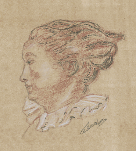 Etude de visage portrait d'après un dessin d' Antoine Watteau. Dessin aux 3 crayons.