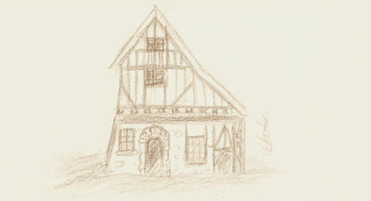 Dessin croquis d'une maison à colombage du Moyen Age, dessiné à Provins ville de Seine et Marne France dessinateur Vectanim 2011