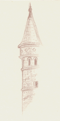 Dessin croquis de la tourelle du château de Souppes sur Loing 119x68 dessinateur Vectanim 2011