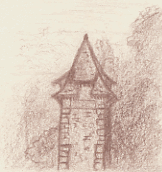 Composition dessin de la tour d'entrée de Souppes sur Loing 100x78 mm dessinateur Vectanim 2011