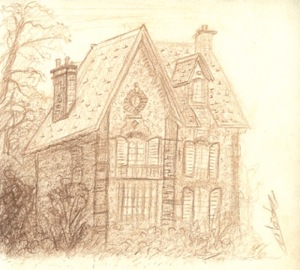 Dessin au crayon brun d'une maison de 1861 au Vesinet dessinateur