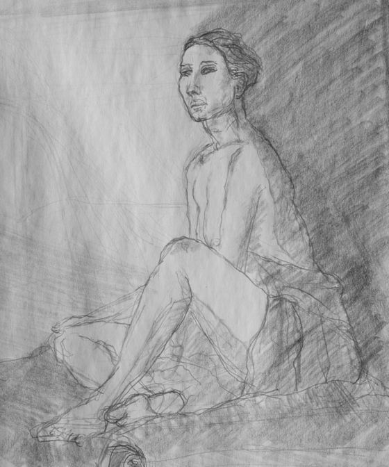 Jeune femme jambes croisées dessinée au crayon